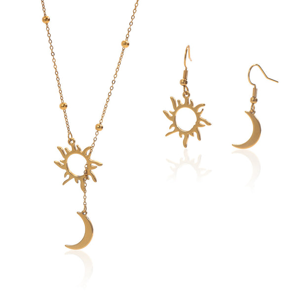 VAVO 18K Gold-Plated Sun & Moon Pendant Necklace and Hoop Earrings Set